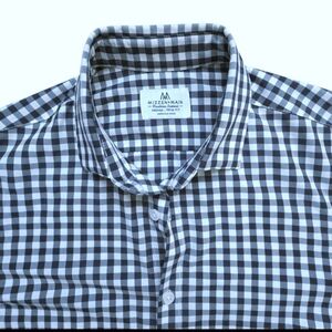 Mizzen + Main Trim Fit Navy/White Gingham Plaid Button Up Shirt Mens Size Medium